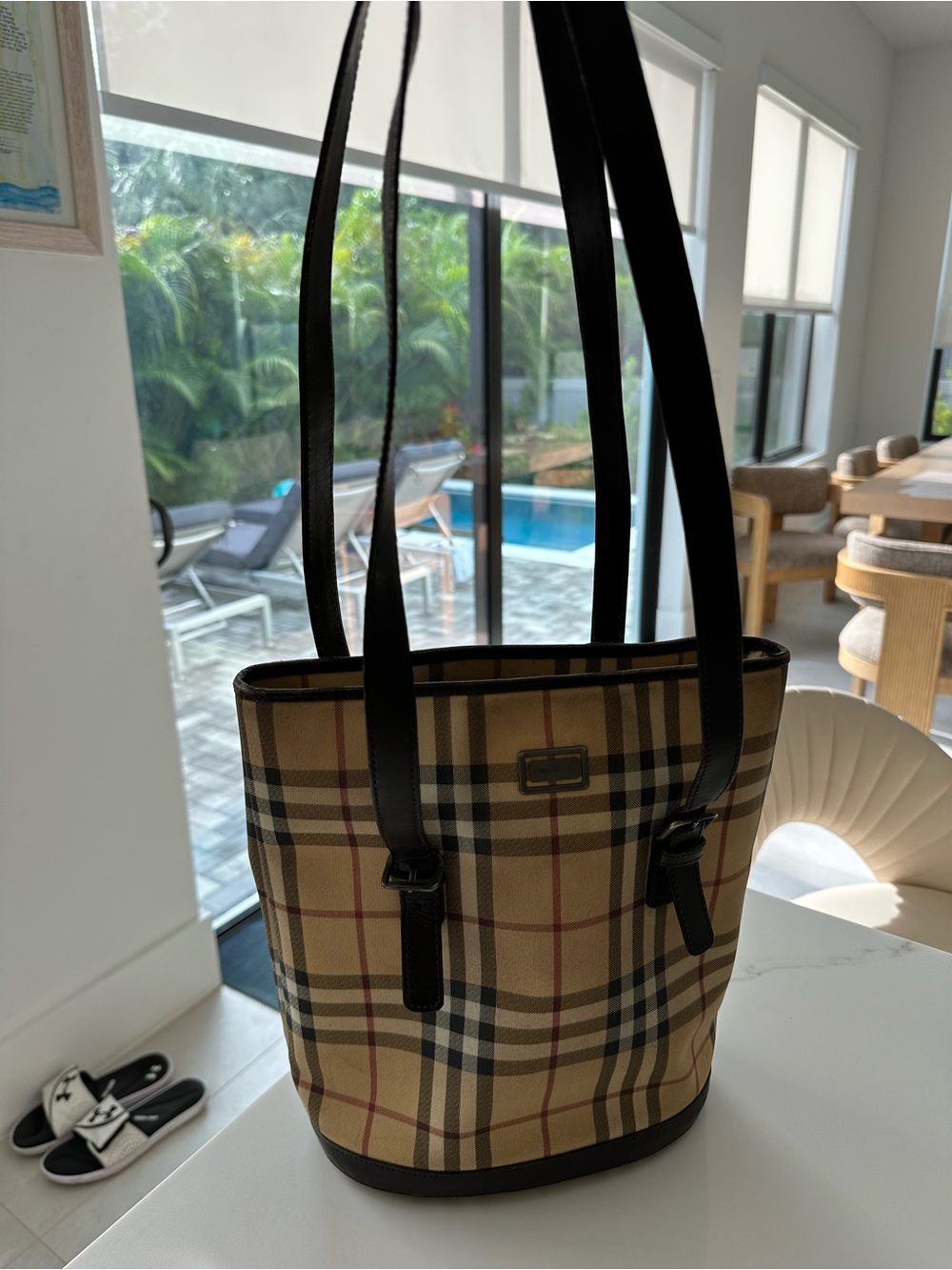 Burberry Beige Plaid Shoulder Bucket Bag with Black Trim